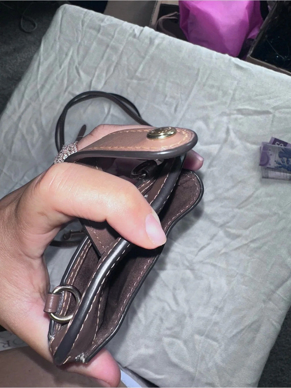 Coach Brown Signature Canvas Crossbody Phone Pouch with Chain Strap